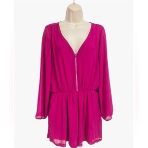 EXPRESS Women Size M Mini Fit & Flare Dress Fuchsia Chiffon 1/4 Zip Up Elastic